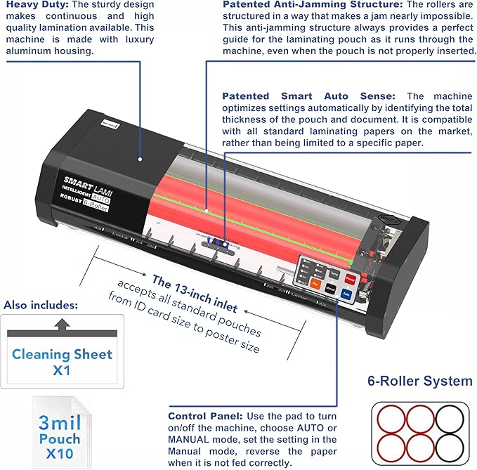 SINCHI 6-Roller Auto Sense Laminator, 13-Inch 3–10 Mil Thermal Machine, 50-Second Warm-Up, 47 in/min, Never-Jam Heavy Duty, Office & School, 11×17"