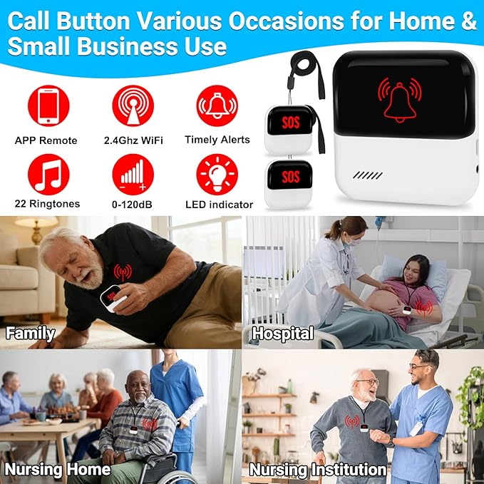 Frexiol WiFi Caregiver Pager Medical Alert Systems for Seniors No Monthly Fee App Control Alert Button for Seniors at Home,2 Call Button and 1 Receiver,for Elderly,Patients,Disabled