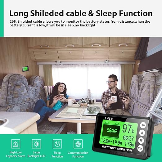 LNEX Portable Battery Monitor with Shunt, 500A Automotive Car Battery Monitor for RV 10V-120V, with High and Low Voltage Programmable Alarm and 26ft Shielded Wire