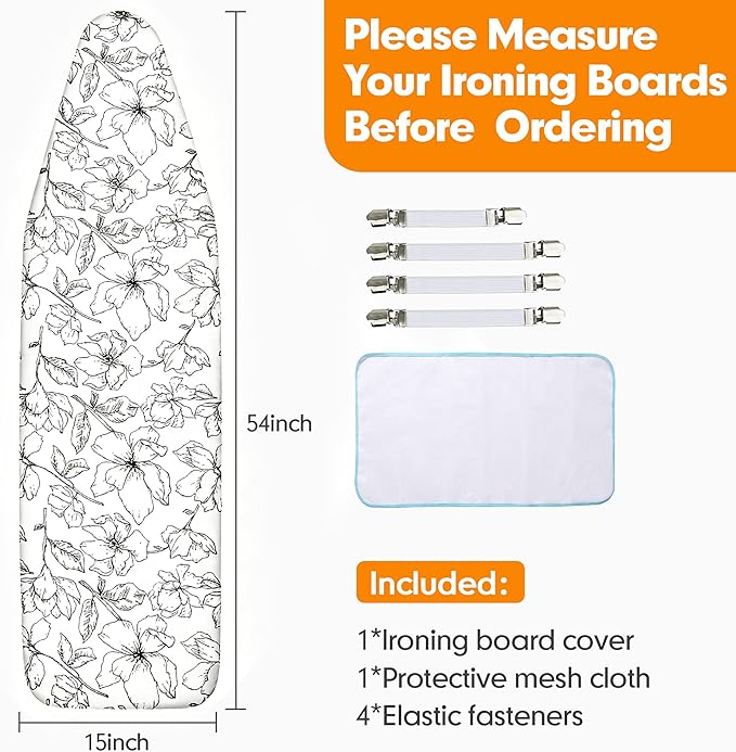Ironing Board Cover and Pad, 15x54 Standard Size Thick Iron Padding, Scorch & Stain Resistant Ironing board cover, Heavy Duty Iron Board Padded with Adjustable Fasteners Elastic Edge, Floral White