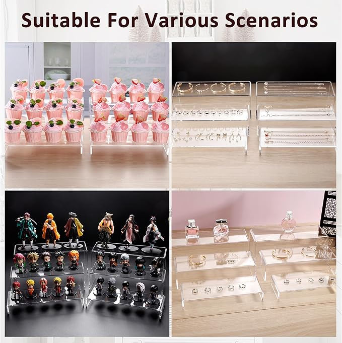 LFTYTUO 2 Set Large Acrylic Clear Display Risers, 3 Sizes 12" Rectangular Showcase Collectibles Display Shelf, 5mm Thick Desktop Display Stand Holder for Figures, Jewelry, Perfume, Toys