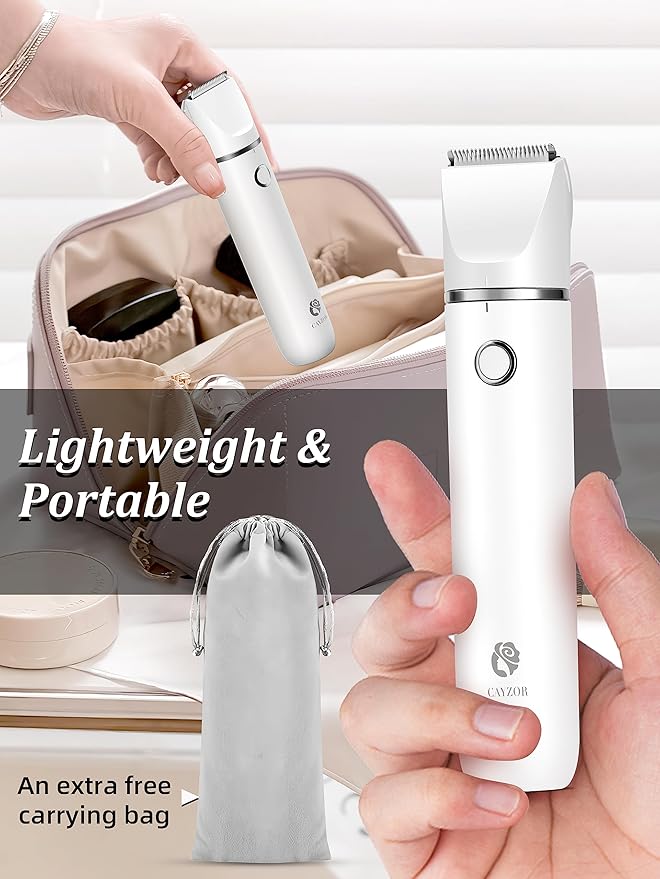 Cayzor Bikini Trimmer and Shaver Kit for Women - 2-in-1 Wet/Dry Electric Body Hair Trimmer Facial Hair Removal Cordless Waterproof Bikini Shaver Razor for Face Lip Chin Pubic Underarm Legs (White)