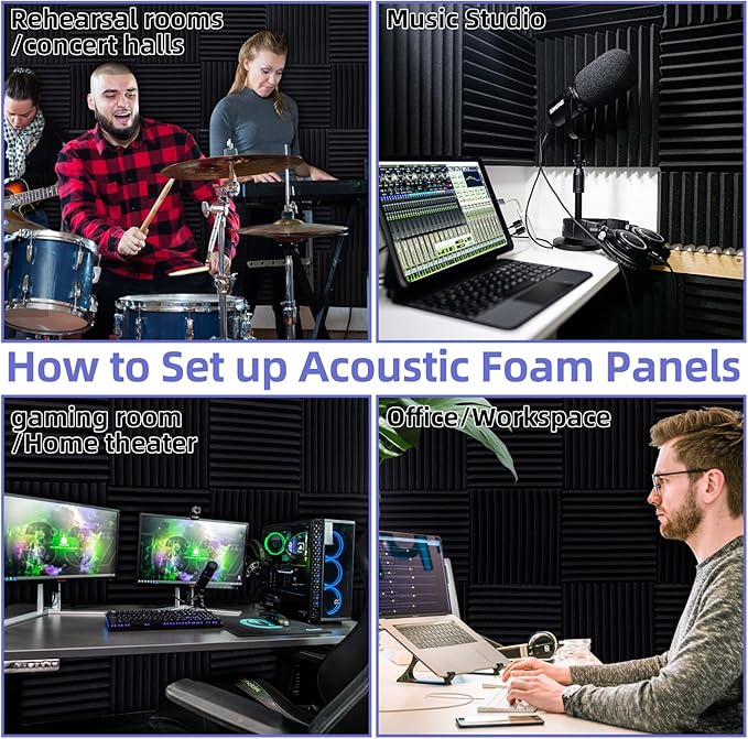 24 Pack Acoustic Panels, 1" X 12" X 12" Acoustic Foam Panels, Sound Proof Foam Panels, Self-Adhesive Soundproof Wall Panels ,Fire-Proofed Soundproofing Wedges,Acoustic Treatment Foams for Home-Black