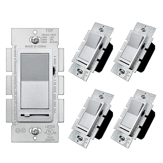 BESTTEN 5 Pack Matte Silver Dimmer Light Switch, Single Pole or 3-Way, Compatible with Dimmable LED, CFL, Incandescent and Halogen Bulb, LED Slide Dimmer Wall Switch, 120VAC, UL/cUL Listed