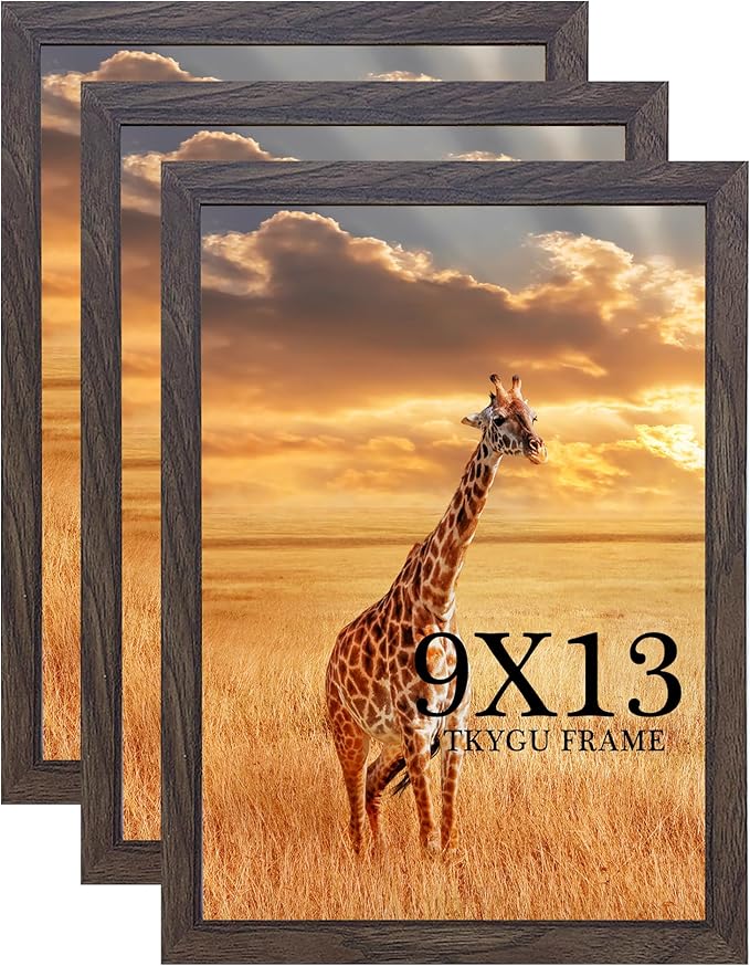 TKYGU 9 x 13 Picture Frame Set of 3, 13 x 9 walnut Wooden Frame Wall Gallery Poster Photo frame with Shatter Resistant Plexiglass,Horizontal and Vertical Formats for Wall Hanging, best gift