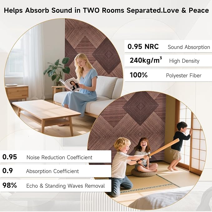 Autorific Acoustic Wall Panels,6 Pack Total Size 72 x 48 Inches,Self-Adhesive Decorative Acoustic Panels for Wall and ceiling,3D UV Printing with Wood Look,Red Sandalwood