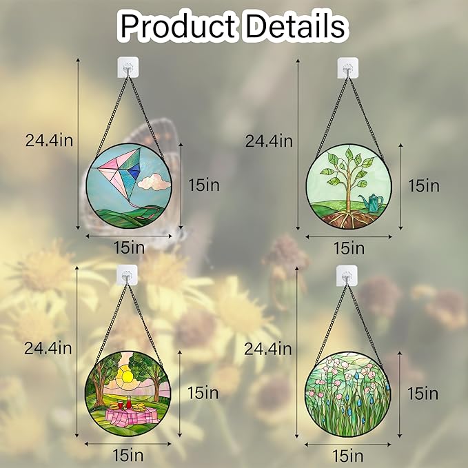 AMDERVEN Stained Glass Window Hanging 4 Pcs Set Pink Green Spring Saplings Flowers Large 15" - Suncatcher Door Garden Sun Catcher Home Decor Mother's Day for Woman Nana Mom Men