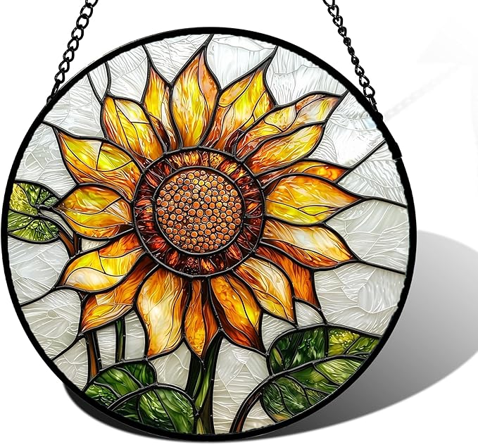 DASTOLL Stained Glass Window Hanging - Sunflower Flower Suncatcher Ready to Hang Window Doors Home Decoration and Christmas, Mother's Day Birthday Gifts for Women, Men, and Mom 9.8x9.8 in