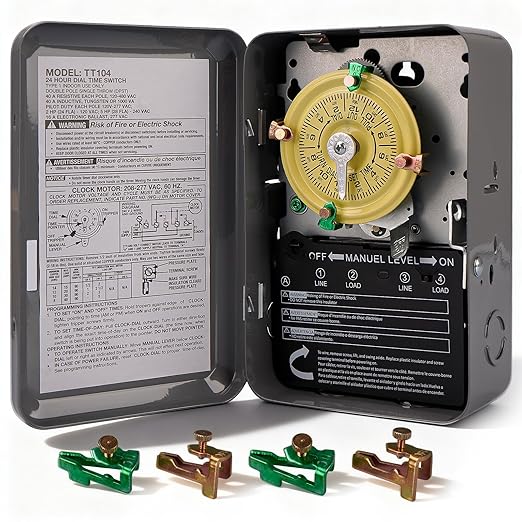 T104 Electromechanical Timer Switch,208-277 VAC 5HP 40A DPST Pool Pump Timers Replacement,24-Hour 12 ON/Off Mechanical Timer Switch for Pool Pump Water Heater Lighting