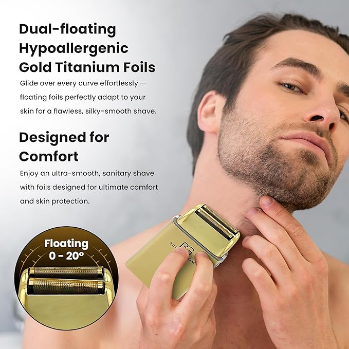 Electric Razor for Men Face with Double Titanium Foils, Professional Barber-Style shavers for Men, USB Rechargeable, Includes Cleaning Brush, Protective Cap & Pouch (Gold)