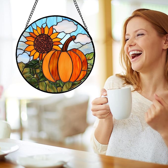 DASTOLL Stained Glass Window Hanging Fall Farm Scenery Sunflower Pumpkin 6.3" - Suncatcher Door Garden Kitchen Sunroom Sun Catcher Home Decor Birthday for Mom Grandma Men Woman
