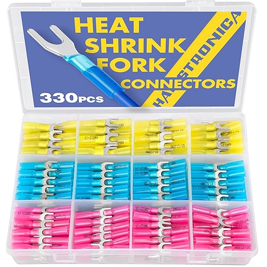 haisstronica 200PCS Heat Shrink Fork Spade Connectors #10 Waterproof Marine Grade Fork Terminal Connectors U-Type Blue 16-14 Gauge