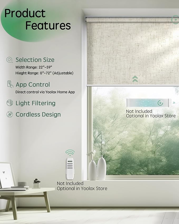 Yoolax Motorized Blinds App Control, Light Filtering Motorized Shades for Windows, Cordless Automatic Roller Shades for Bedroom Living Room Office(Light Filtering Linen Beige, 29" W x 72" H)