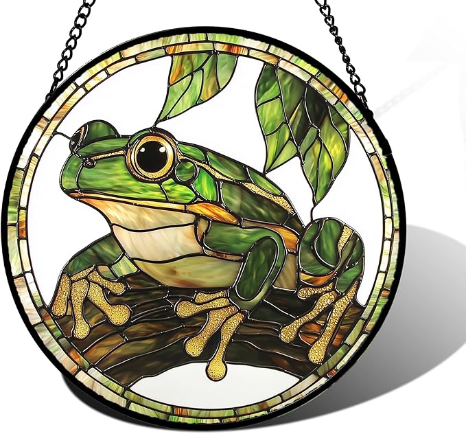 DASTOLL Stained Glass Window Hanging, Frog Green Leaf Sun Catchers Colorful Glass Panel Cool Suncatcher Decor for Birthday for Women, Men, Wife, Aunt, and Mom 11.8x11.8 in