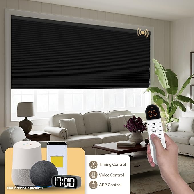 Boolegon No Drill Motorized Cellular Blinds with Remote Motorized Blackout Honeycomb Blinds for Indoor Windows Easy to Install Automatic Cellular Shades for Home,Blackout Black,Custom Size