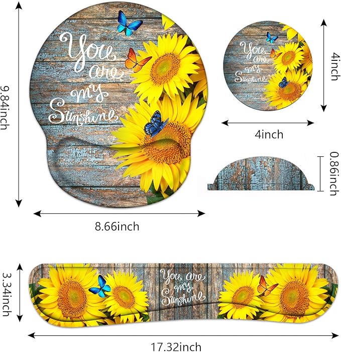 Keyboard Wrist Rest and Mouse Pad Wrist Support Set with Coasters, Ergonomic Gaming Mousepad for Home Office Working Studying Easy Typing & Pain Relief, Sunflower, You are My Sunshine