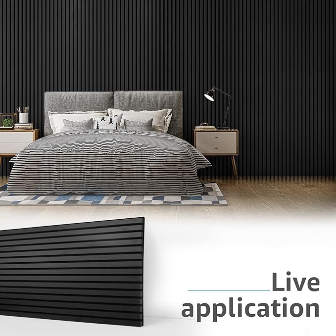 Art3d 4 Pack 47.2 x 23.6in. Wood Slat Acoustic Panels for Wall and Ceiling - 3D Fluted Sound Absorbing Panel with Wood Finish - Matte Black