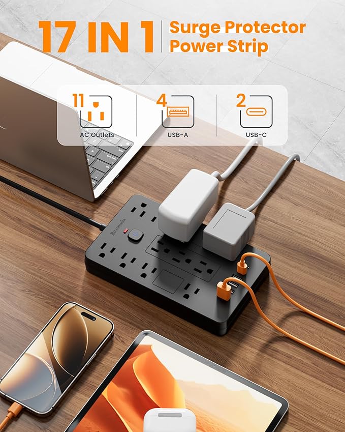 Bawmwim Surge Protector Power Strip - 11 Outlets(1850W/15A) with 6 USB Ports(2 USB C), 6FT Flat Plug Extension Cord, Wall Mount, Black, ETL Listed for Home, Dorm Room
