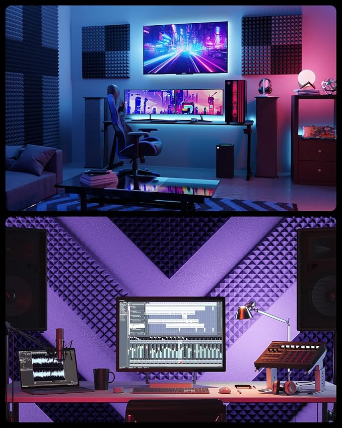 Sonicism Sound Proof Foam Panels for Walls Self-Adhesive 72 Pack Pyramid 1"X 12"X 12" Acoustic Panels 35kg/m³High Density,Soundproof Wall Panels Fast Expand,Sound Absorption and Decoration,Black