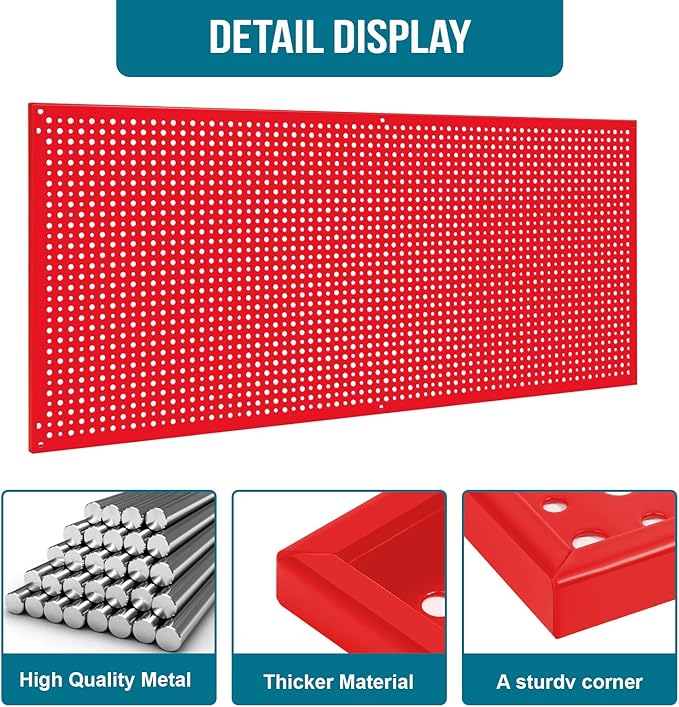 Daanxw Pegboard Rack Garage Storage Steel Horizontal PegBoard Pack,Steel Pegboard Heavy Duty- 3 Pack 16-Inch X 36-Inch Metal Peg Board Tool Organization Panels (Red)