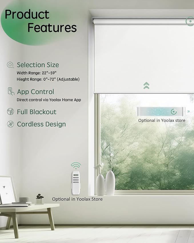 Yoolax Motorized Blinds App Control, Blackout Roller Shades for Windows, Cordless Automatic Shades Roller Window Blinds for Bedroom Living Room Office (Blackout Alpine White, 24" W x 72" H)