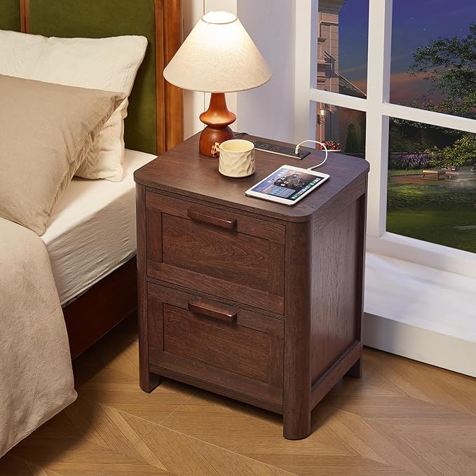 Joaxswe Farmhouse Nightstand Set of 2 with Charging Station, End Tables Bedroom with 2 Large Drawers & 4 Thickened Table Legs, Walnut