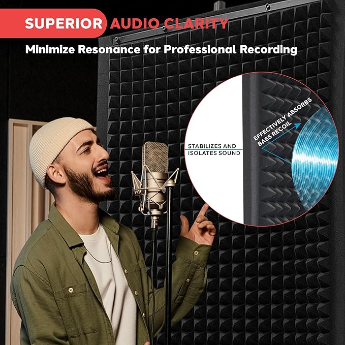 Pyle Microphone Isolation Panel with Height Adjustable Tripod Stand - High Density 2" Thick Foam Sound Dampening Wall - Foldable & Portable Mic Shield for Podcasts, Singing, Recording, Broadcasting