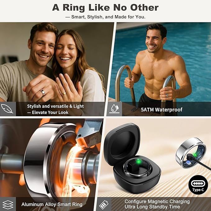 RIFESI Smart Ring for Women Men, Fashion Minimalist Fitness Ring & Sleep Tracker Ring with Heart Rate, Blood Pressure,5ATM Waterproof Health Ring,Gifts for Women Men Gift,No Subscription (10,Silver)
