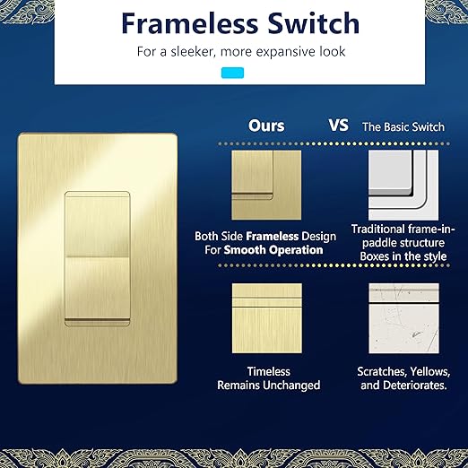 LIDER Brushed Gold Minimalist Design Decorator Switch, Frameless Paddle Wall Light Switch, On/Off Rocker Switch, 3-Way or Single Pole, Residential Grade, UL Listed, 3 Wire, 15A 120-277VAC