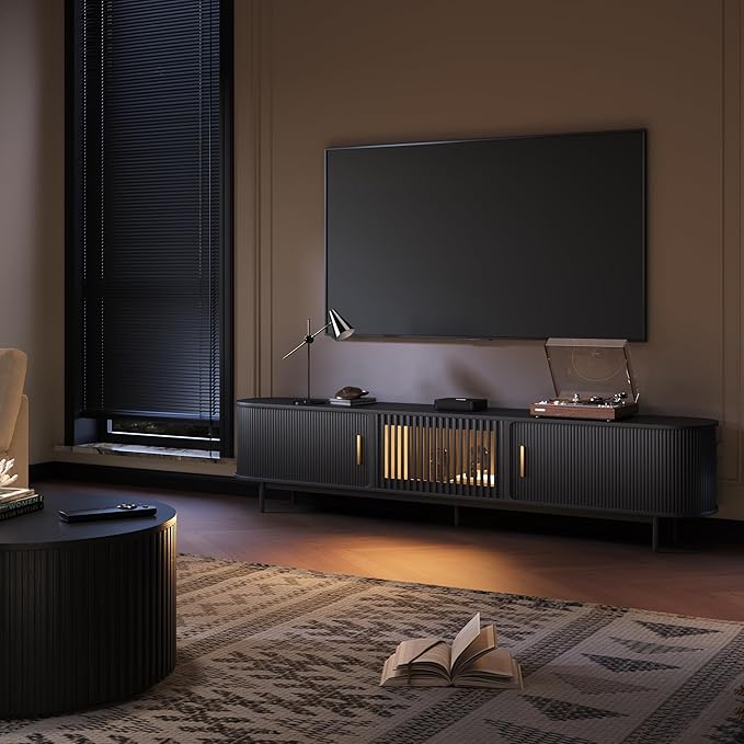 POVISON Sliding Tambour Door TV Stand with LED Lights, Mid Century Modern TV Console, Wood Media Console, Entertainment Center with Storage Cabinet, Fully-Assembled (Black, 94.49")
