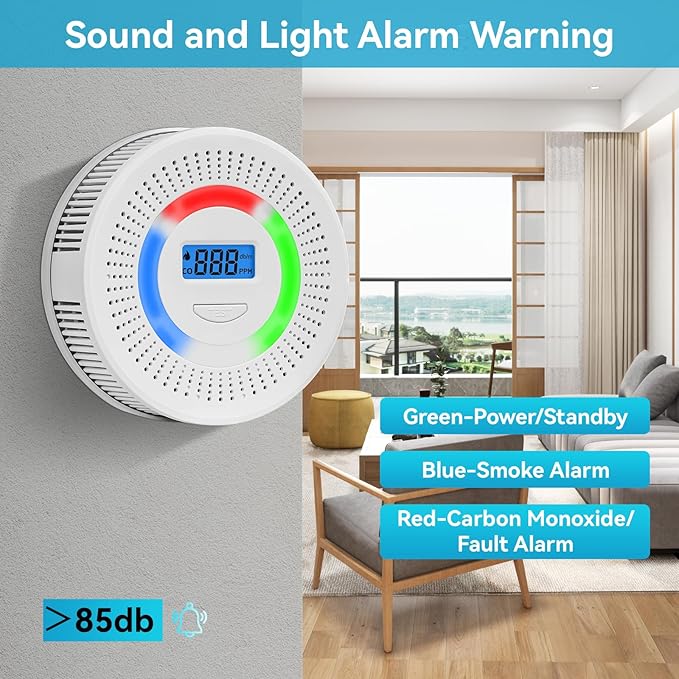 Smoke Detector Carbon Monoxide Gas Alarm, Fire Carbon Monoxide (CO) Detector 2 in 1 with Digital Display and Sound Light Alarm, Battery Operated Suitable for Bedroom Warehouse Kitchen or RV Travel