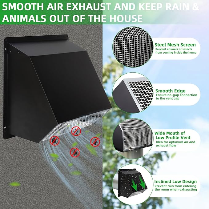 7Inch Wall Vent with Screen and Damper,Galvanized Steel Hooded Wall Vent Cover Cap Exhaust Vent Cover Outside,Exterior Vent Hood Outdoor for Kitchen Range Hood Laundry Dryer Bathroom Fan Duct Air Vent