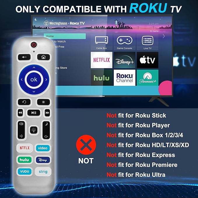 2 Pack Backlit Remote Control Only for Roku TV, Fit for TCL/Onn/Hisense/Element/Sharp/Philips/Westinghouse/Insignia/JVC/RCA/Hitachi/Sanyo Roku Series TVs (Not for Roku Stick and Box)-Silver