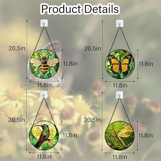 DASTOLL Stained Glass Window Hanging 4 Pcs Set Green Plants Yellow Insect Theme 6.3" - Suncatcher Door Garden Sun Catcher Decor Birthday Christmas for Mom Woman Nana Men