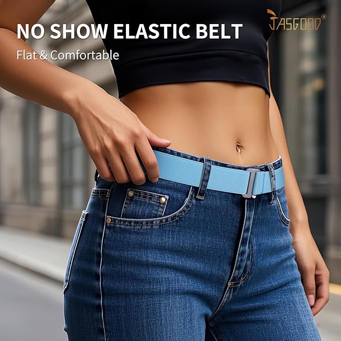 JASGOOD Women No Show Stretch Belt Elastic Web Strap Belt with Flat Buckle for Jeans Pants Dresses