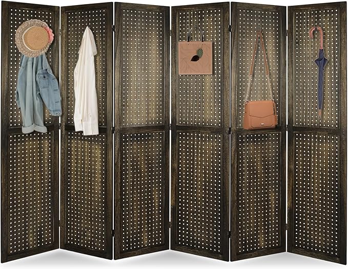 ECOMEX 6 Panel Room Divider, 5.6Ft Pegboard Display Wooden Room Divider Folding Privacy Screen Room Divider Freestanding Peg Board Display for Trade Show Craft Show Home Wall Organizer, Retro Brown
