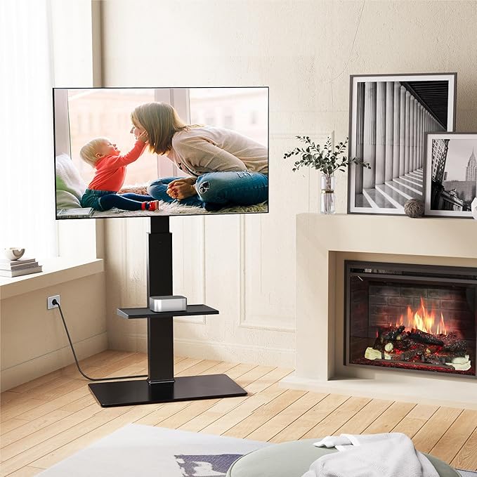 FITUEYES Floor TV Stand for 32-75 inch TV with Power Outlet, Tall TV Stand for Bedroom Living Room with Tempered Glass Base, Floor TV Mount Holds Up to 88lbs MAX VESA 600x400mm,Black