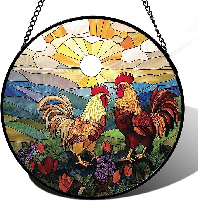 AMDERVEN Stained Glass Window Hanging, Countryside Scenery Chicken Sun Catcher for Door Home Decor Sunrise Suncatcher Christmas Mother's Day Birthday Gifts for Women Men Mom Nana 7.8 in
