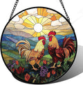 AMDERVEN Stained Glass Window Hanging, Countryside Scenery Chicken Sun Catcher for Door Home Decor Sunrise Suncatcher Christmas Mother's Day Birthday Gifts for Women Men Mom Nana 9.8 in