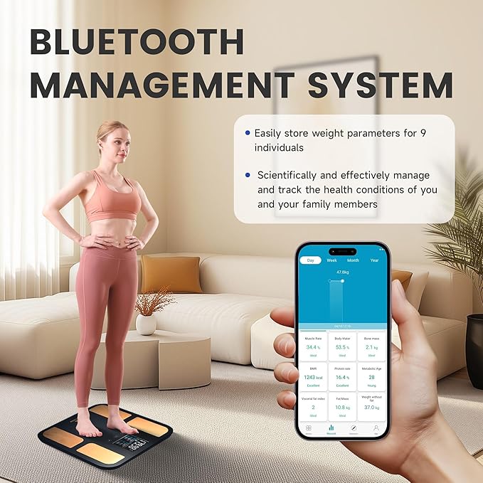 EILISON Smart Bathroom Scale with 4 Electrodes & BIA Technology High-Precision Body Fat Analyzer,Large Color Night Vision Touchscreen,Bluetooth App Sync for 19 Metrics,400LBS Capacity (Smart Black)