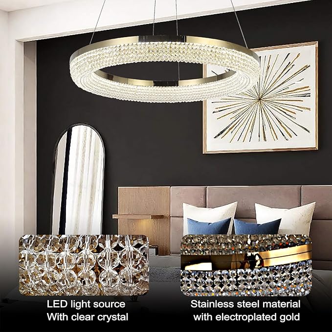 LYICYIU 23.6" Round Crysrtal Stainless Steel Pendant Lamp,3Color LED Dimmable Flush Mount Crystal Chandelier Light with Remote Control for Bedroom,Living Room, Island Entryway,Hallway Foyer (Hanging)