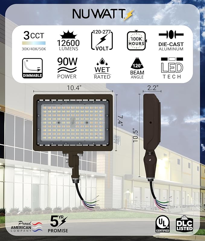 NUWATT 90W LED Flood Light, 3CCT 3000K/4000K/5000K Selectable, IP65 Waterproof Lighting, Adjustable Knuckle Mount, 12600LM, 0-10V Dimmable, 120-277V, Outdoor Security Floodlight for Yard, Bronze, UL