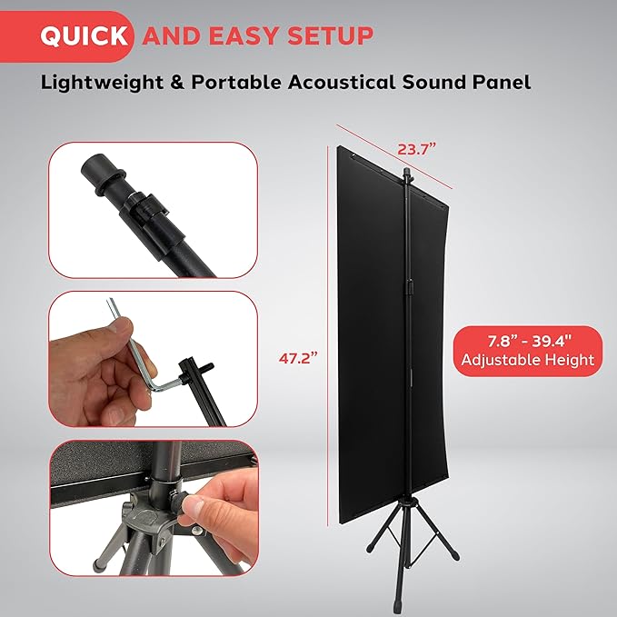 Pyle Microphone Isolation Panel with Height Adjustable Tripod Stand - High Density 2" Thick Foam Sound Dampening Wall - Foldable & Portable Mic Shield for Podcasts, Singing, Recording, Broadcasting