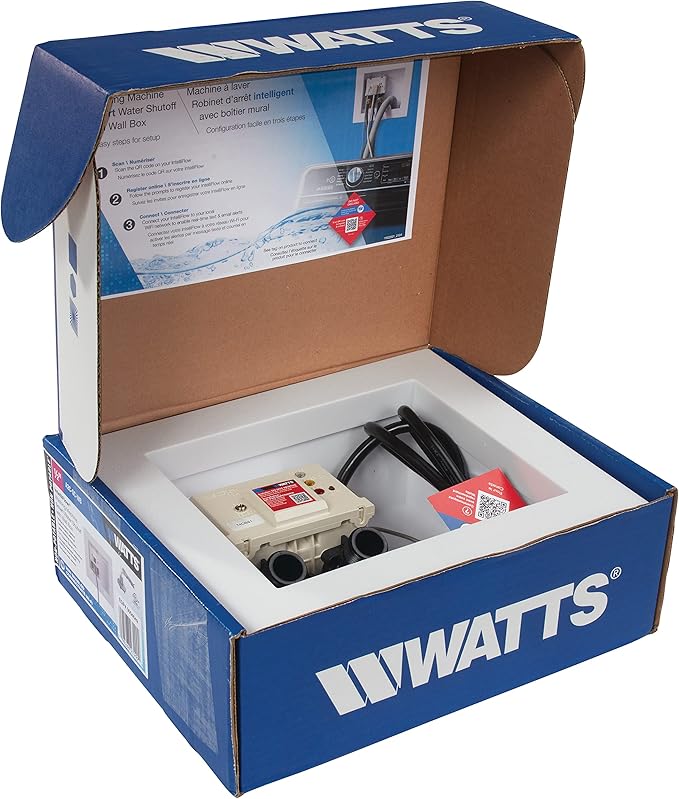 Watts A2C-SC-WB Series Intelliflow 1/2" Washing Machine Smart Water Shutoff Valve with Leak Sensor, Inlet Adapters, Wall Box, Automated Flood Detection with Real-Time Text and E-mail Alerts