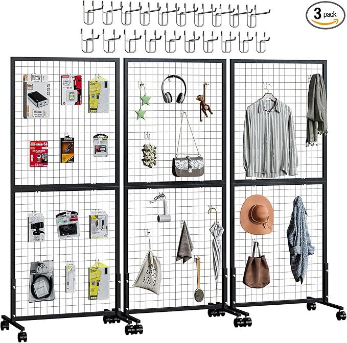 Maeklon 3 Pack Grid Wall Panel Rack, 3x6 Ft Metal Gridwall Display Stand with T-Base Wheels, Heavy-Duty Mobile Freestanding Racks with 20 Grid Hooks, for Retail Store, Craft Show, Boutique, Black