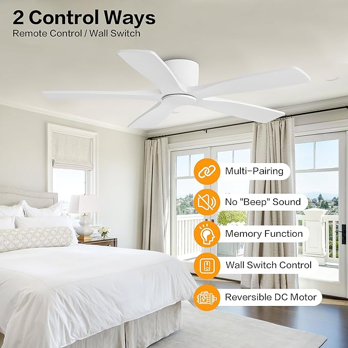 WINGBO 54" Flush Mount DC Ceiling Fans Without Lights, 5 Carved Solid Wood Blades, 6-Speed Reversible DC Motor, Low Profile Hugger Ceiling Fan No Lights for Living Room Bedroom Patio, Gloss White