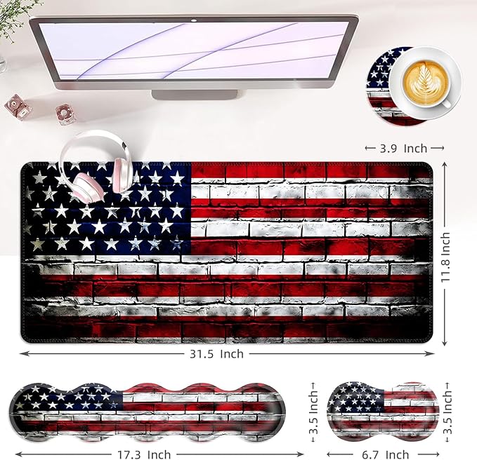 BFUKVOU Large Keyboard Mouse Pad Set, Extended Mouse Pad+Keyboard Wrist Rest Support, Memory Foam Ergonomic Easy Typing, 4Pcs (31.5×11.8 in) Desk Pad Set for Office Home,American Flag on Brick Wall
