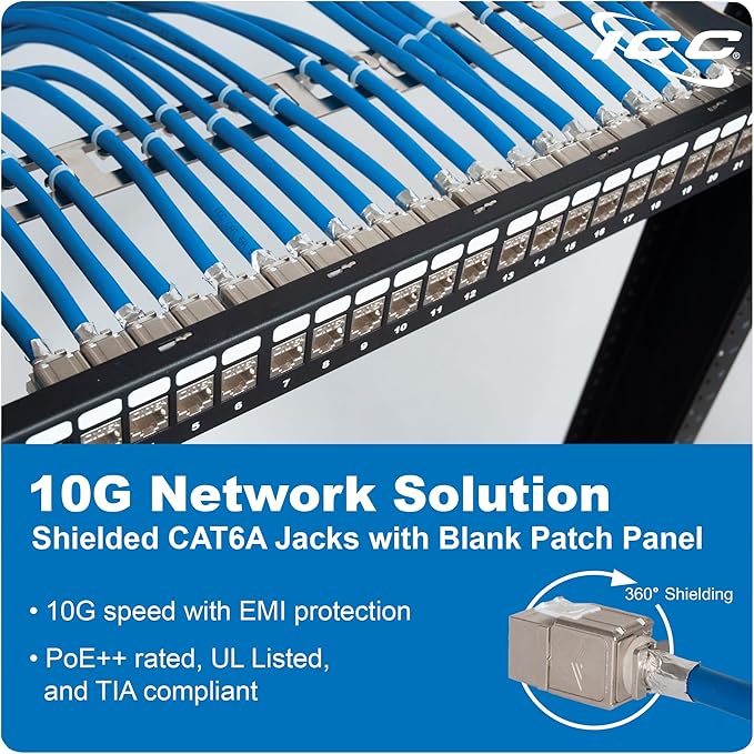 ICC 24-Port CAT6A Keystone Shielded 1U Patch Panel with CAT6A Shielded Keystone Jacks, 19” Rackmount Housing and Cable Support Bar, Protects Against EMI, UL Listed PoE++ Compliant, ICMPP246AS