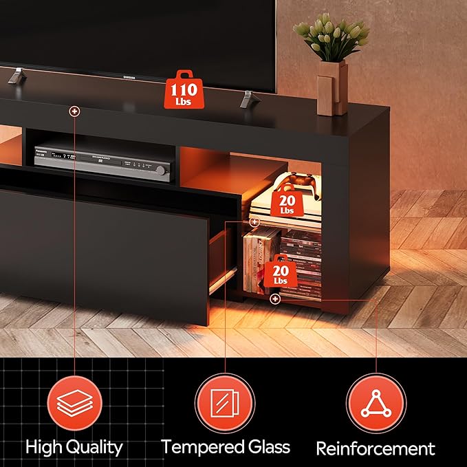 WLIVE TV Stand with LED Lights & 2 Large Storage Drawers, Modern Entertainment Center for 32/43/50/55/60 Inchs TVs, Sturdy TV Console for Living Room, Bedroom(Black)