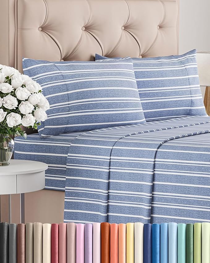 Full Size 4 Piece Sheet Set - Comfy Breathable & Cooling Bed Sheets Set - Hotel Luxury Bedding for Women, Men, Kids, Teens, Boys & Girls - Deep Pockets, Soft, Wrinkle Free - Oeko-Tex - Blue Stripes 3